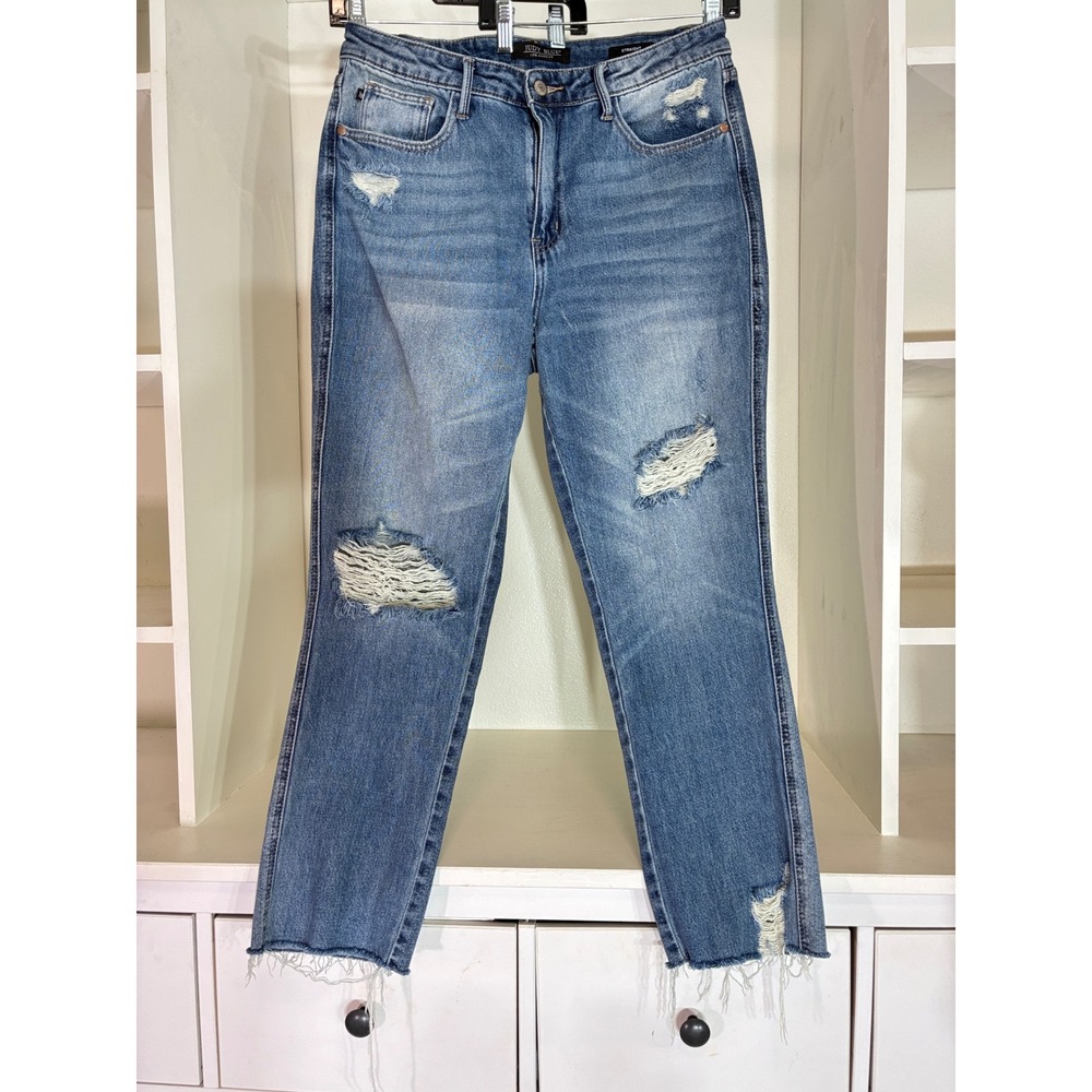 Judy‎ Blue Straight Leg Jeans Womens 31 Blue Distressed Raw Hem High Rise